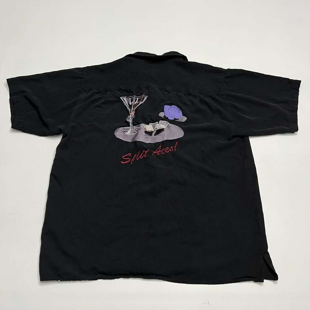 Bobby Chan Split Aces Silk Short Sleeve Button Down Size M Black